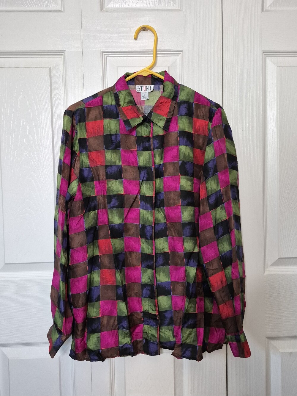 Vintage Stunt 100% Silk 80s - 90s Colorblock Geometric Button Down Blouse